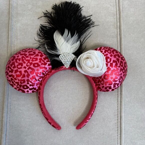 Disney Parks BUNDLE Rose Gold Sequin Pink Leopard Feather Minnie Headband Ears main image 6